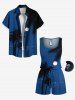 Ensemble chemise et barboteuse hawaïennes assorties, grande taille, imprimé cocotier, lune et mer, pour couples - Bleu 