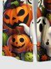 Plus Size Pumpkin Ghost Monster Bat Moon Spider Web Print Halloween Button Pocket Shirt For Men -  