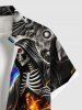 Plus Size Skull Skeleton Checkerboard Spiral Galaxy Fire Flame Print Halloween Button Pocket Shirt For Men -  