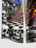 Plus Size Skull Skeleton Checkerboard Spiral Galaxy Fire Flame Print Halloween Button Pocket Shirt For Men -  