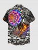Plus Size Skull Skeleton Checkerboard Spiral Galaxy Fire Flame Print Halloween Button Pocket Shirt For Men -  