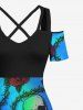 Plus Size Skull Rose Flower Vine Ombre Print Halloween Cold Shoulder Crisscross A Line Maxi Dress -  