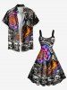 Plus Size Skull Skeleton Checkerboard Spiral Galaxy Fire Flame Print Halloween A Line Tank Dress -  