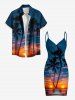 Cache-maillot de plage convertible grande taille à imprimé cocotiers, crépuscule et coucher de soleil, style hawaïen - Bleu Marine 4X
