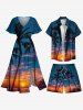 Plus Size Coconut Tree Ombre Dusk Sunset Print Hawaii Drawstring Pocket Beach Shorts For Men -  