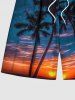 Plus Size Coconut Tree Ombre Dusk Sunset Print Hawaii Drawstring Pocket Beach Shorts For Men -  