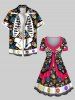 Plus Size Halloween Skeleton Colorful Skulls Flowers Print Buttons Pocket Shirt For Men -  