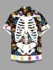 Plus Size Halloween Skeleton Colorful Skulls Flowers Print Buttons Pocket Shirt For Men -  