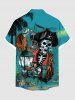 Plus Size Halloween Skull Pirate Ship Lantern Print Buttons Pocket Shirt For Men -  