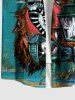 Plus Size Halloween Skull Pirate Ship Lantern Print Buttons Pocket Shirt For Men -  