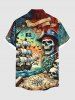 Plus Size Skulls Pirate Ship Sea Waves Cruise Print Buttons Pocket Hawaii Shirt For Men -  