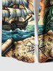 Plus Size Skulls Pirate Ship Sea Waves Cruise Print Buttons Pocket Hawaii Shirt For Men -  
