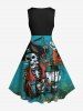 Plus Size Halloween Skull Pirate Ship Lantern Print 1950s Vintage Dress -  