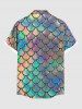 Plus Size Colorful Mermaid Fish Scale Print Buttons Pocket Hawaii Shirt For Men -  