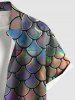 Plus Size Colorful Mermaid Fish Scale Print Buttons Pocket Hawaii Shirt For Men -  