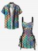 Plus Size Colorful Mermaid Fish Scale Print Lace Up Hawaii Tank Dress -  
