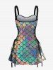 Plus Size Colorful Mermaid Fish Scale Print Lace Up Hawaii Tank Dress -  