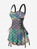 Plus Size Colorful Mermaid Fish Scale Print Lace Up Hawaii Tank Dress -  