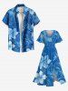 Plus Size Flowers Leaf Print Split Hawaii Midi Dress -  