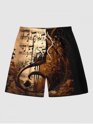 Plus Size Distressed Music Symbol Print Drawstring Pocket Beach Shorts For Men - BLACK - 5XL