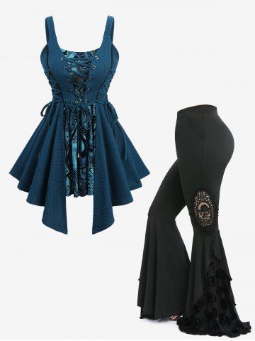 Paisley Floral Flocking Lace Up Tank Top and Skull Mesh Appliques Flare Pants Plus Size Outfit