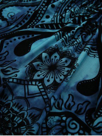 Paisley Floral Flocking Lace Up Tank Top and Skull Mesh Appliques Flare Pants Plus Size Outfit