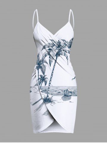 Plus Size Coconut Tree Ship Seascape Print Convertible Hawaii Beach Cover - WHITE - 1X