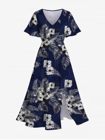 Plus Size Hibiscus Flowers Tropical Leaf Print Split Hawaii Midi Dress - NAVY BLUE - XXS