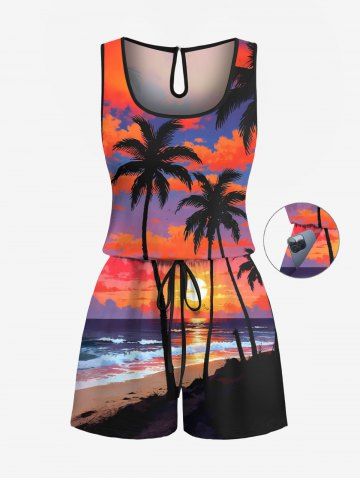 Plus Size Coconut Tree Cloud Sun Seascape Print Cinched Hawaii Romper - RED - XXS