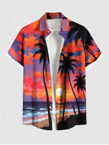 Plus Size Coconut Tree Cloud Sun Seascape Print Buttons Pocket Hawaii Shirt For Men - ORANGE - 6XL