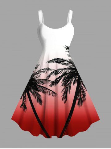 Plus Size Ombre Colorblock Coconut Tree Print Hawaii Tank Dress - RED - 5X