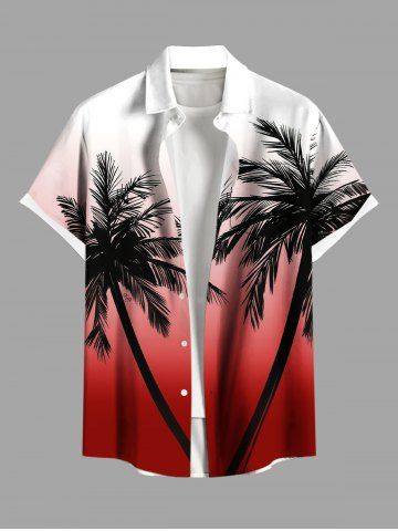 Plus Size Ombre Colorblock Coconut Tree Print Buttons Pocket Hawaii Shirt For Men - RED - 6XL