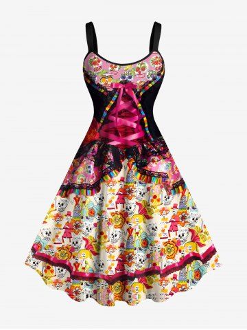Plus Size Halloween Skulls Flowers Lace Up Cape 3D Print Tank Dress - LIGHT PINK - XXS