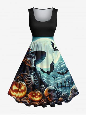 Plus Size Halloween Skull Skeleton Pumpkin Moon Bat Print 1950s Vintage Dress - BLACK - XXS