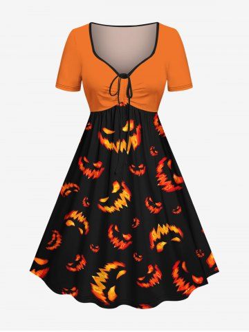 Plus Size Halloween Pumpkin Lantern Face Print Cinched Dress - ORANGE - XXS