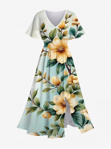 Plus Size Ombre Flowers Leaf Print Split Hawaii Midi Dress - LIGHT GRAY - XXS
