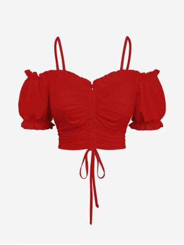 Plus Size Cinched Ruched Ruffles Cold Shoulder Cami Top - RED - M