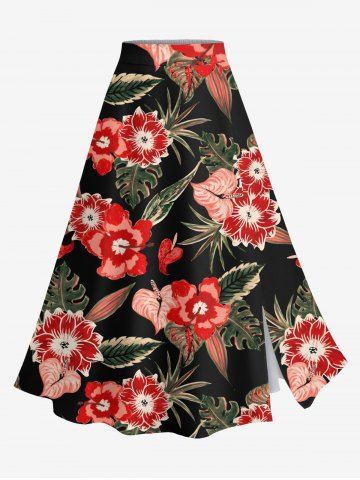 Plus Size Hibiscus Flower Tropical Leaf Print Split Hawaii Skirt - RED - XS