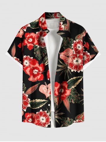 Plus Size Hibiscus Flower Tropical Leaf Print Buttons Pocket Hawaii Shirt For Men - RED - 6XL