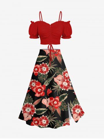 Hibiscus Flower Tropical Leaf Print Hawaii Plus Size Matching Set - RED