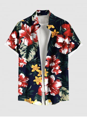 Plus Size Tropical Leaf Hibiscus Flower Print Hawaii Button Pocket Shirt For Men - BLACK - M