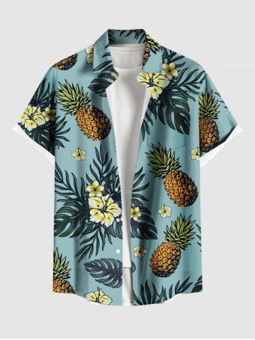 Plus Size Tropical Leaf Hibiscus Flower Pineapple Print Hawaii Button Pocket Shirt For Men - BLUE - M