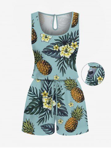 Plus Size Tropical Leaf Hibiscus Flower Pineapple Print Hawaii Drawstring Pocket Romper - BLUE - S