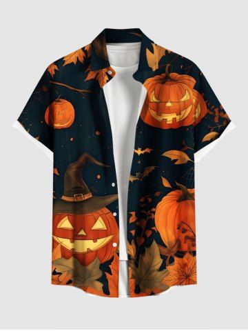 Plus Size Pumpkin Bat Leaf Print Halloween Button Pocket Shirt For Men - BLACK - 2XL