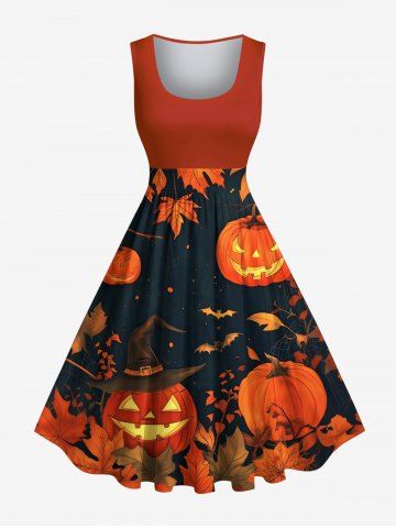 Plus Size Pumpkin Bat Leaf Print Halloween 1950s Vintage Swing A Line Dress - BRIGHT ORANGE - S