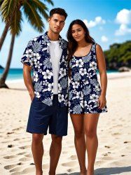 Ensemble chemise et barboteuse hawaïennes assorties, grande taille, tenue de plage, imprimé feuilles tropicales et hibiscus, pour couples - Noir 
