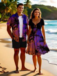 Coconut Tree Ombre Sky Print Plus Size Matching Hawaii Beach Outfit For Couples -  