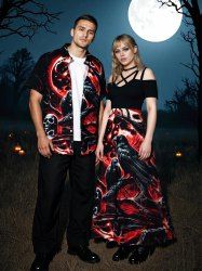 Halloween Skull Crow Tree Branch Moon Print Plus Size Matching Outfit For Couples -  