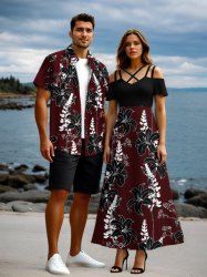 Flower Branch Print Plus Size Matching Hawaii Beach Outfit For Couples -  