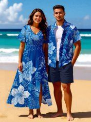 Tenue de plage hawaïenne assortie grande taille à imprimé fleurs et feuilles pour couples - Bleu Ciel 